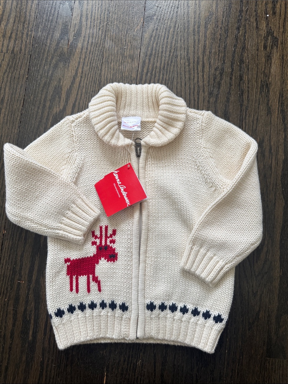NEW Hanna Andersson Cream Zip Cardigan with Red Reindeer size 12-18